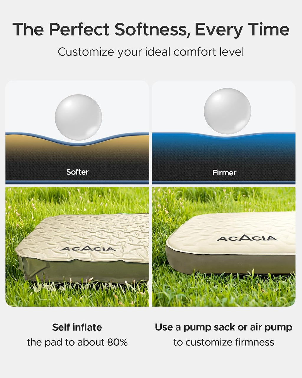 Acacia 4" Thick Self Inflating Sleeping Pad with Foam, Innovative Y-Shaped Telescopic Structure, Ultraportable Camping Air Mattress with Pump Sack, Easy Roll Up Sleep Bed for Travel Tent Car