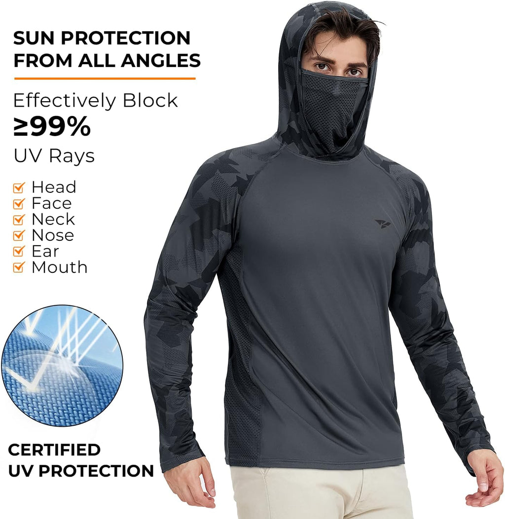 Rodeel UPF 50+ Men’s Long Sleeve Performance Fishing Hiking Shirt with Mask UV Neck Gaiter Hoodie