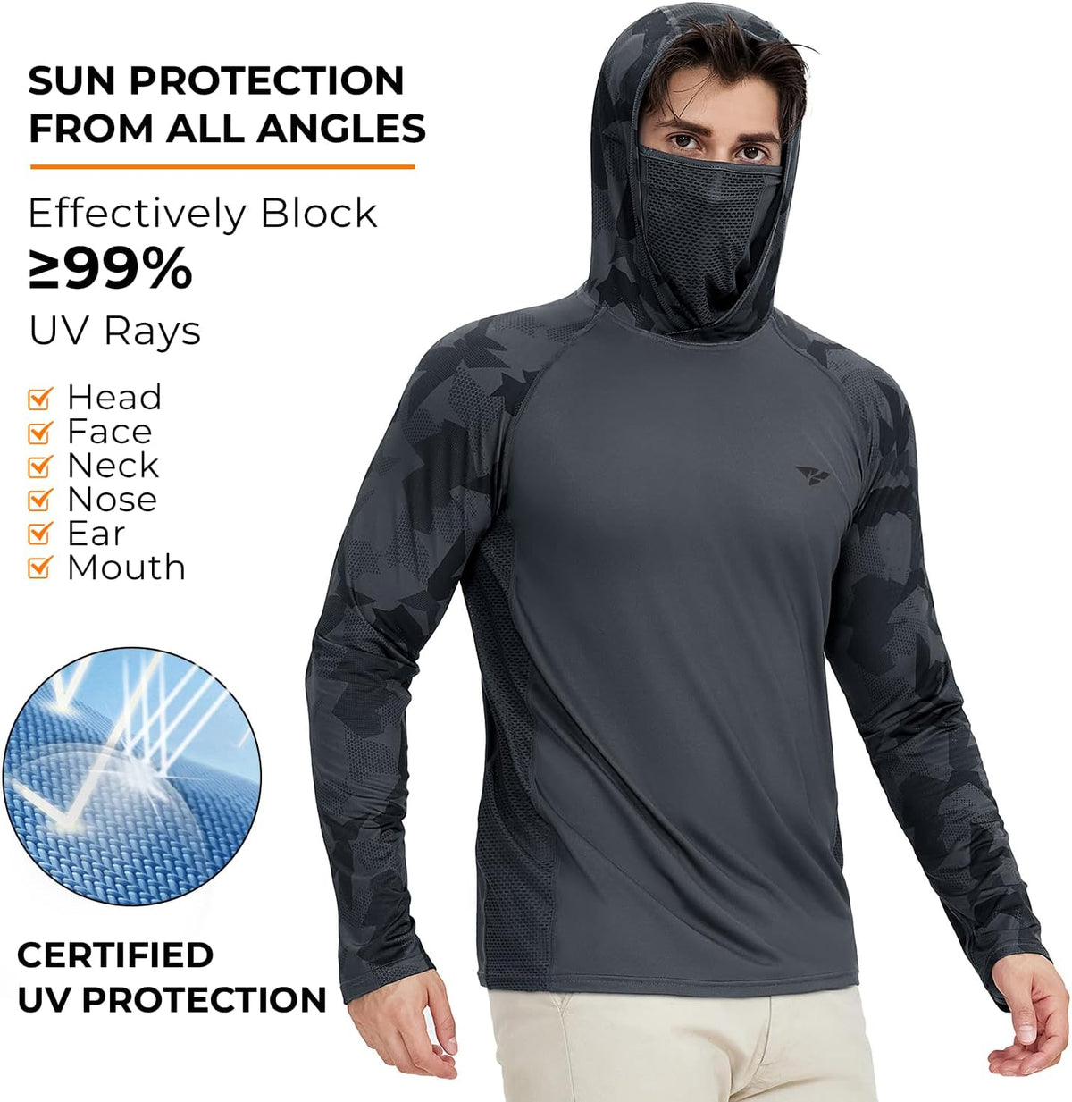 Rodeel UPF 50+ Men’s Long Sleeve Performance Fishing Hiking Shirt with Mask UV Neck Gaiter Hoodie