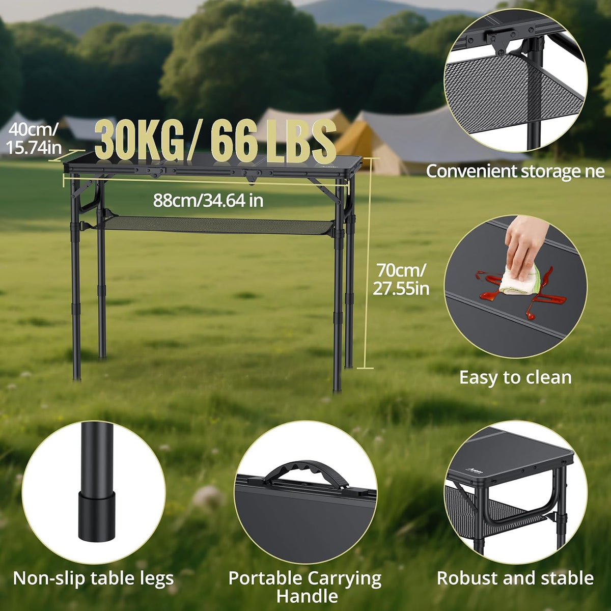 Anbte Folding Camping Table with Storage Net, 3ft Portable Table, 35" x 16"