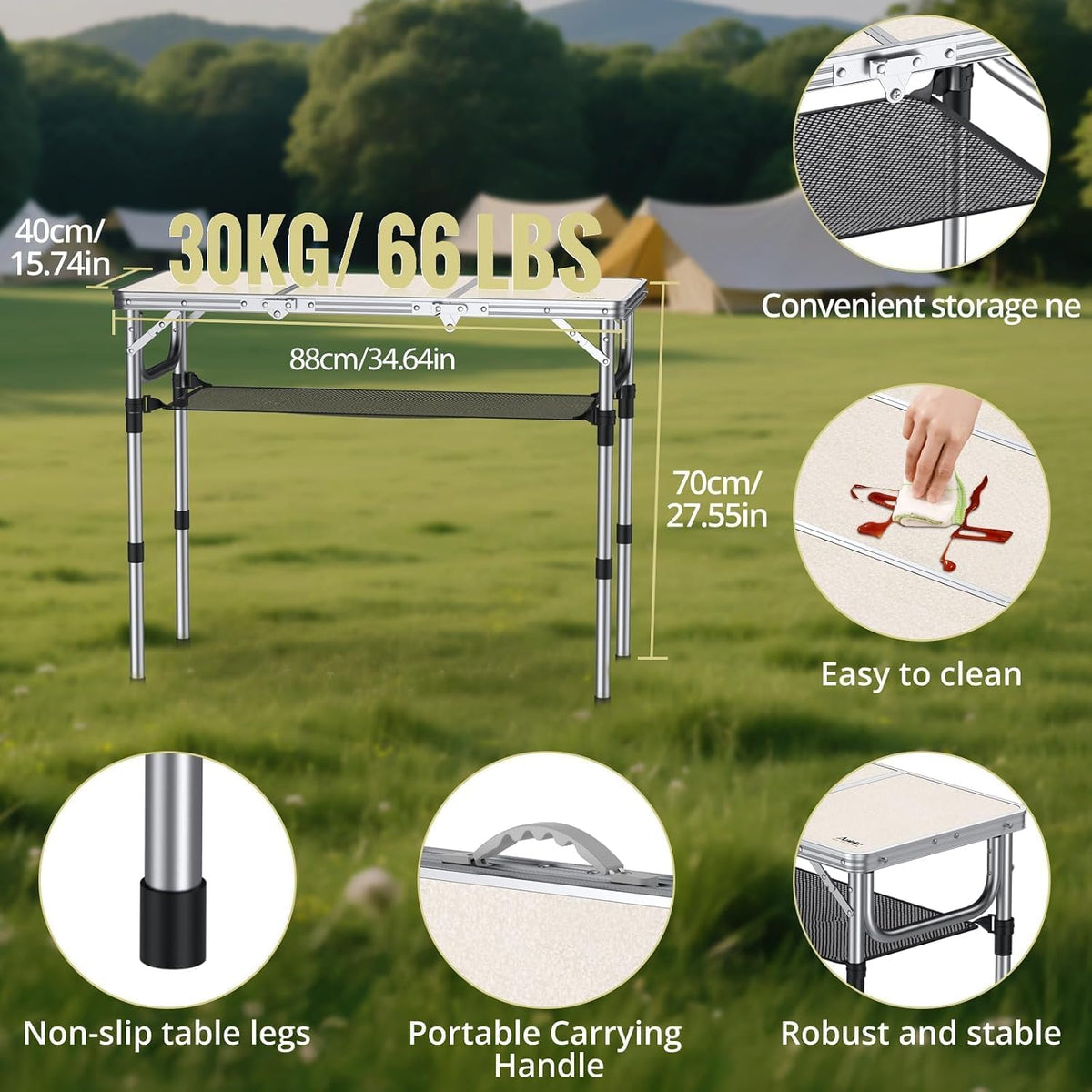 Anbte 3ft Folding Camping Table, 3 Adjustable Height Max 27.5", Silver