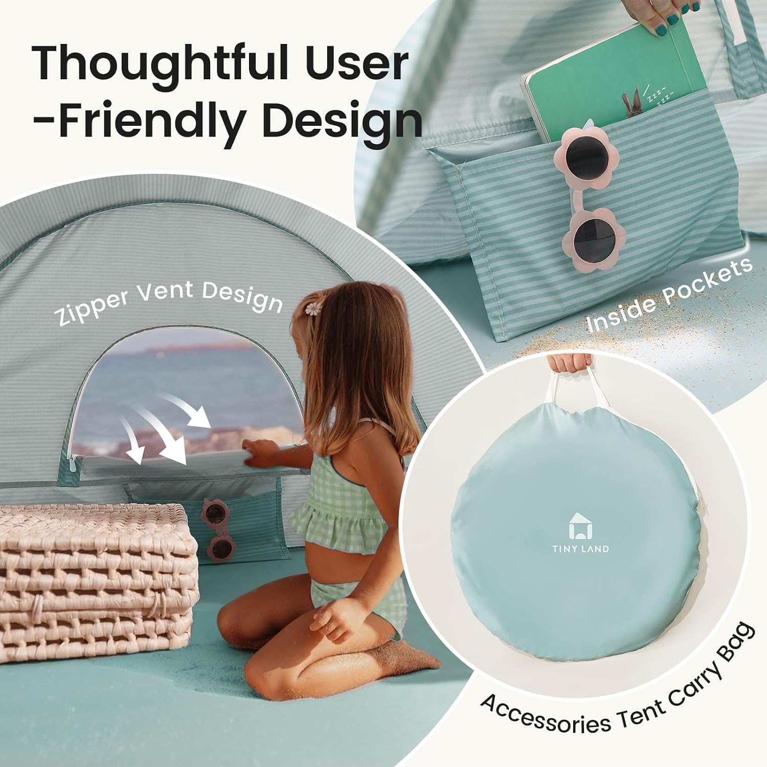 Tiny Land Baby Beach Tent, Pop Up Baby Tent with UPF 50+ Sun Protection | Portable Baby Beach Essentials, 35.4"x27.6"x31.5" Sun Shelter for Infants, Baby Outdoor Use, Pastel Aqua