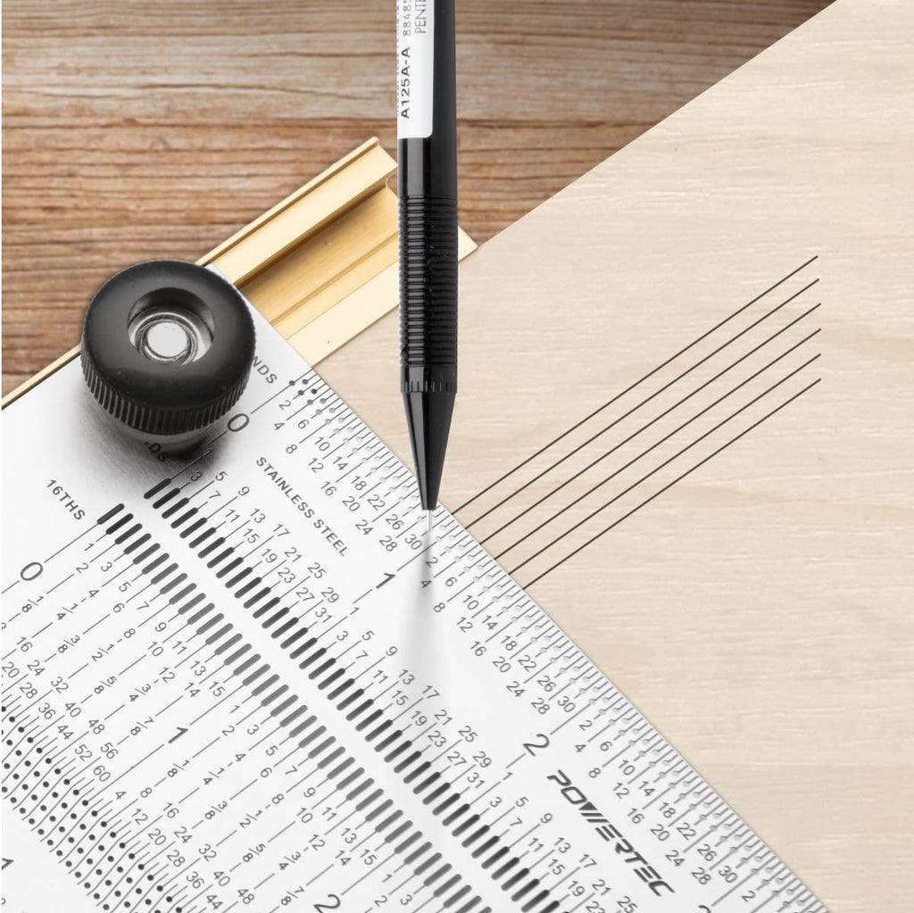 POWERTEC 6'' & 12'' Stainless Steel Precision Marking T-Square, T Rule w/Pencil for Measuring, Scribing, Setting Up Bits Height, Woodworking & Crafting Marking Tools for Drill Press,Table Saw 80032