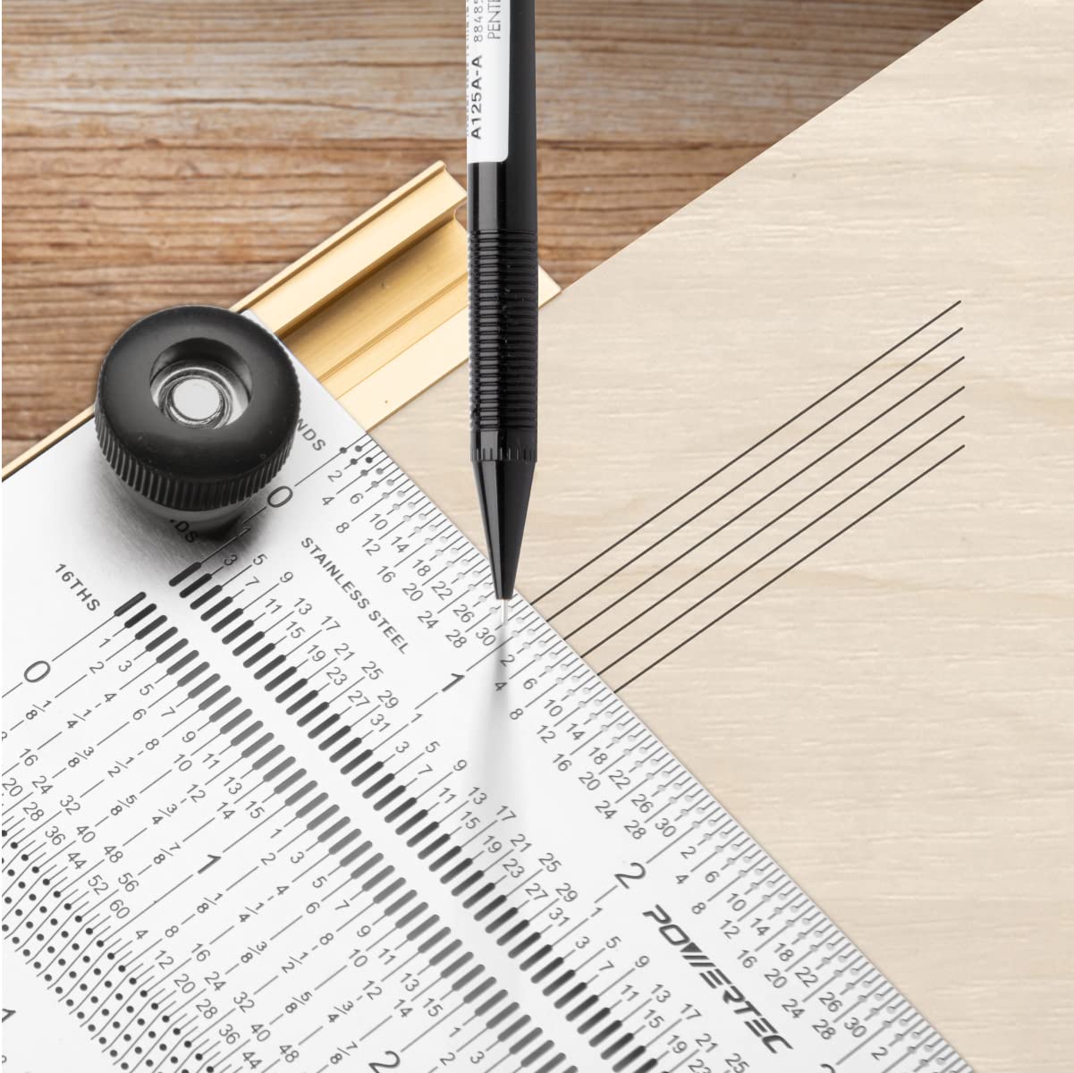 POWERTEC 6'' & 12'' Stainless Steel Precision Marking T-Square, T Rule w/Pencil for Measuring, Scribing, Setting Up Bits Height, Woodworking & Crafting Marking Tools for Drill Press,Table Saw 80032