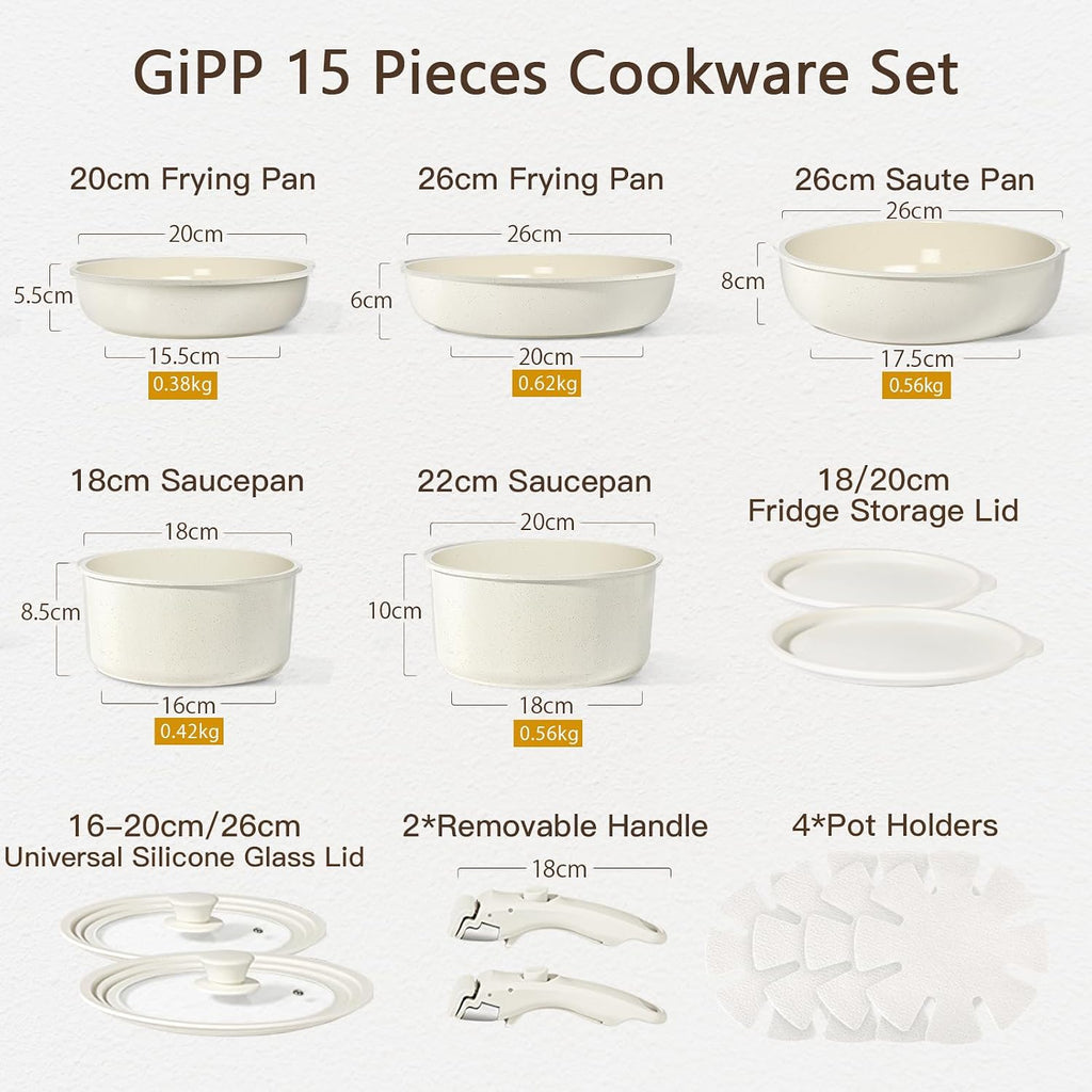 GiPP Ceramic Pots and Pans Set Non Stick, Nonstick Detachable Handle Cookware Sets, Healthy Non Toxic PFAS PFOA & PTFE Free, Dishwasher ＆Oven Safe, Induction Kitchen Pot and Pan, 15 Piece Cream