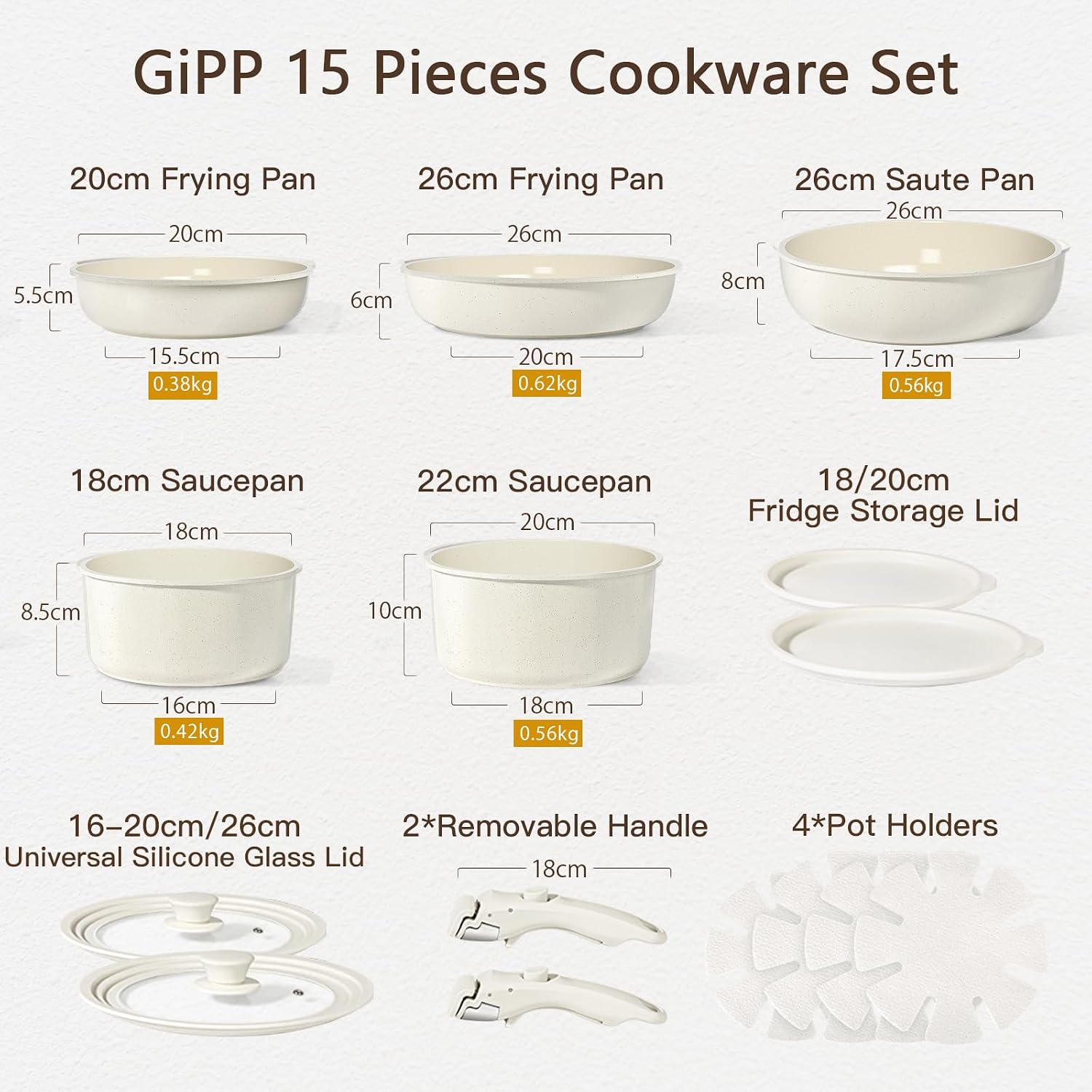 GiPP Ceramic Pots and Pans Set Non Stick, Nonstick Detachable Handle Cookware Sets, Healthy Non Toxic PFAS PFOA & PTFE Free, Dishwasher ＆Oven Safe, Induction Kitchen Pot and Pan, 15 Piece Cream