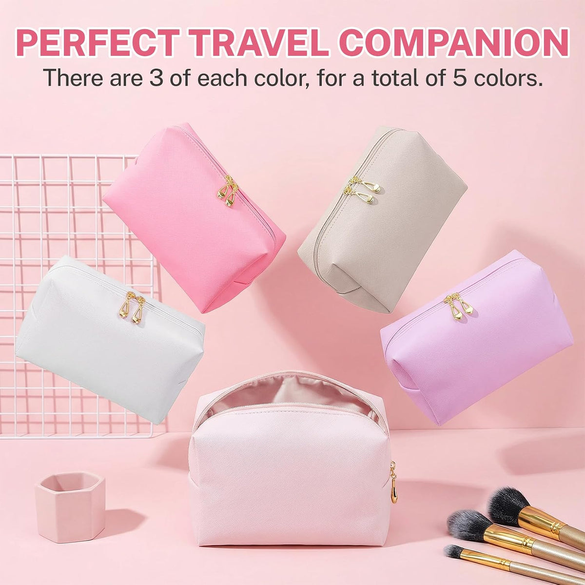 15 Pcs Makeup Bag Bulk PU Cosmetic Pouches Preppy Waterproof Travel Toiletry Bags Aesthetic Storage Organizer Bags Party/Birthday Gift Favors for Teen Girls Women (Vivid Series)