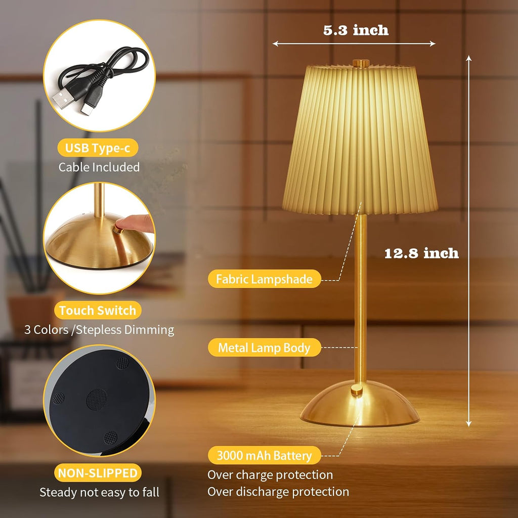 Rechargeable Cordless Table Lamp, 3-Color Dimmable Touch Light, Beige Shade