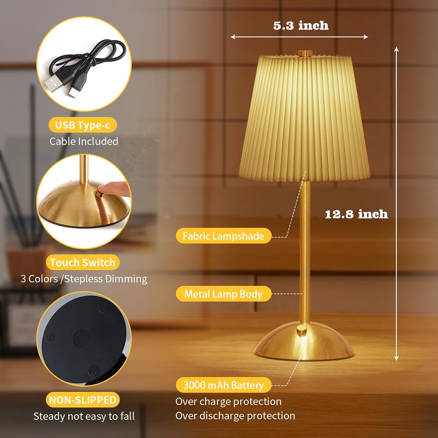 Rechargeable Cordless Table Lamp, 3-Color Dimmable Touch Light, Beige Shade