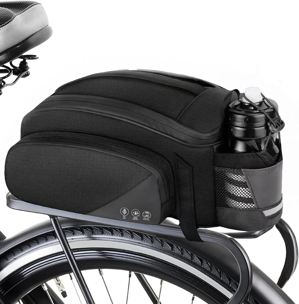 Bike Rack Bag,12L Bike Trunk Bag ,Rear bike rack bag, Multi Pockets Cycling Storage Bag with Water Bottle Holder , Bike Bags for bicycle Rack with Reflective Area & Shoulder Strap for Cycling Trips.