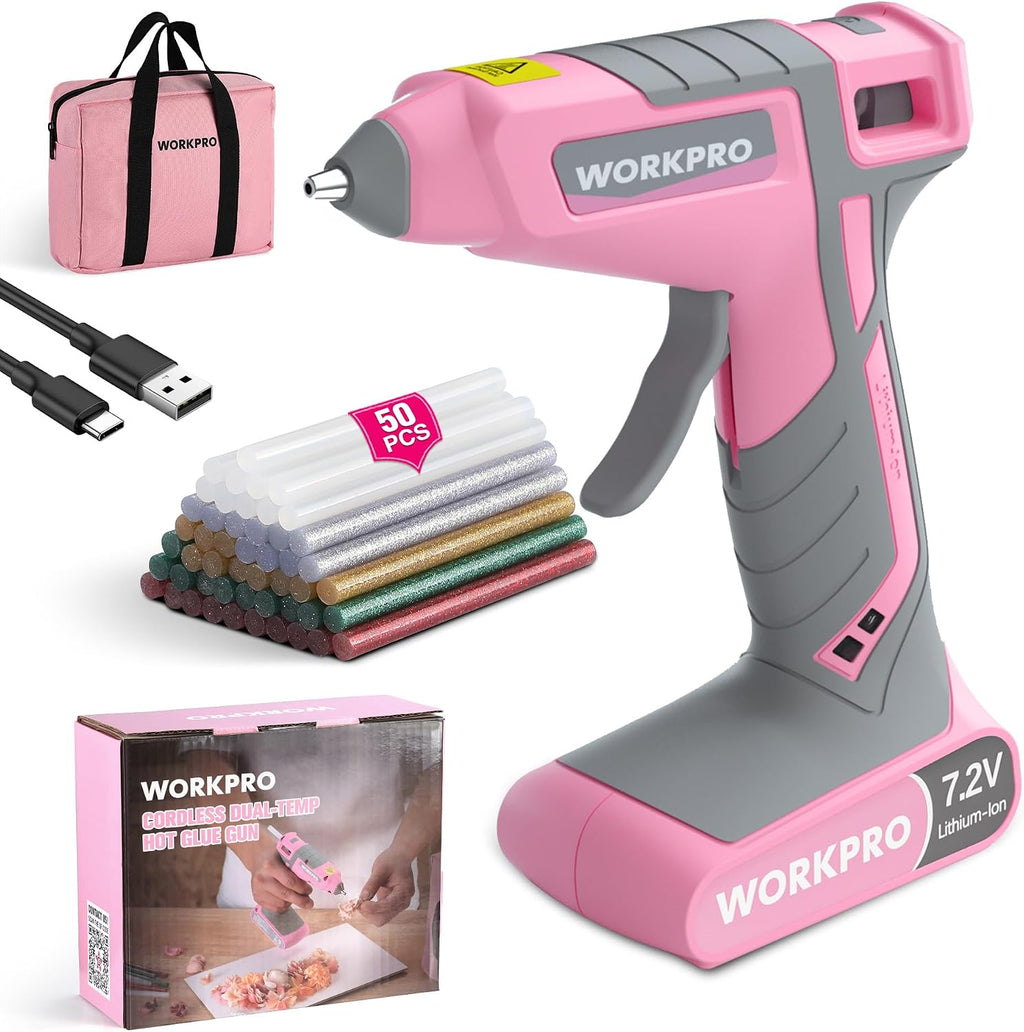 WORKPRO Cordless Hot Glue Gun, 7.2V Dual-Temp Kit, Pink