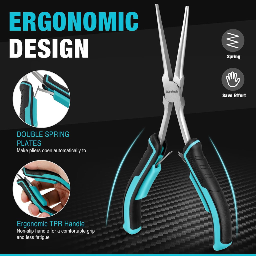 DURATECH 4PCS Long Reach Pliers Set with Pouch, Mini Extra Long Pliers Set
