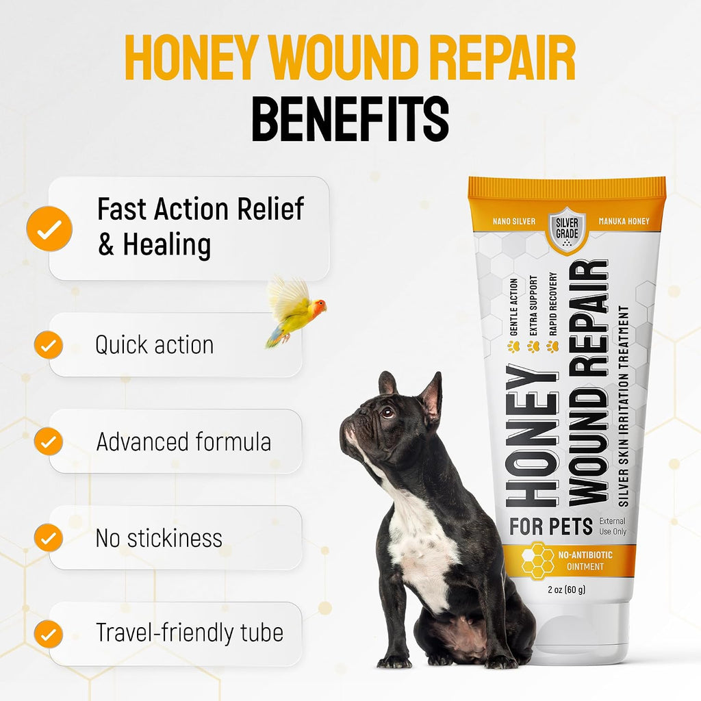 SILVER GRADE Dog Wound Care with Manuka Honey & Colloidal Silver for Scratches & Skin Irritations – Cat & Dog Hot Spot Treatment Gel Works as Honey Rapid Wound Repair for Horses – for All Pets – 2-Oz