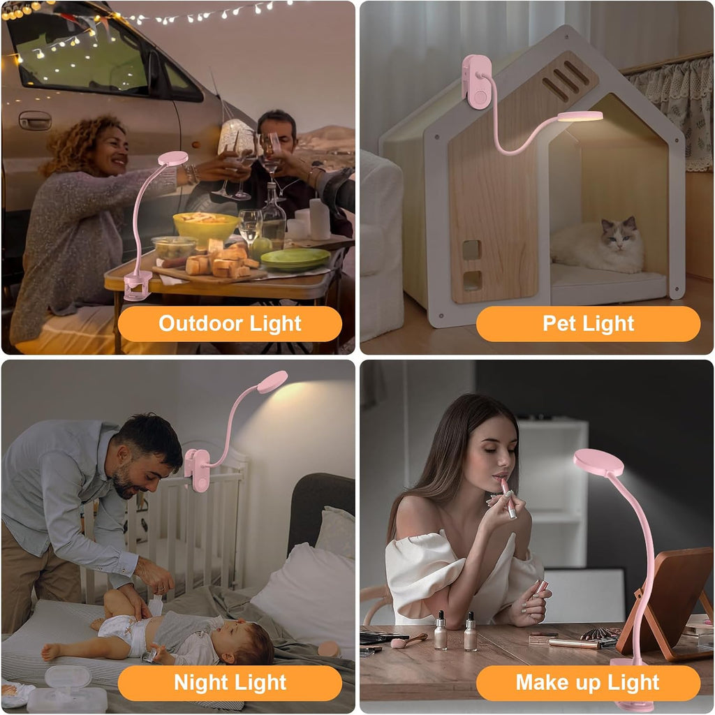 Rechargeable Clip on Light for Bed, Cute LED Reading Lamp for Girls Dorm Room, Portable Book Light with Clamp on Headboard Bedside Table, Flexible Lamp with 3 Color Temp & 10 Brightness (Pink/3.5'')