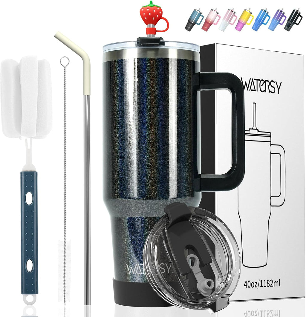 40 oz Shiny Tumbler with Handle and Straw,Stainless Steel Tumbler with Lid and Straw,Insulated Travel Mug(Cold for 34 Hours),Water Bottle for Iced Tea,Coffee (Black)