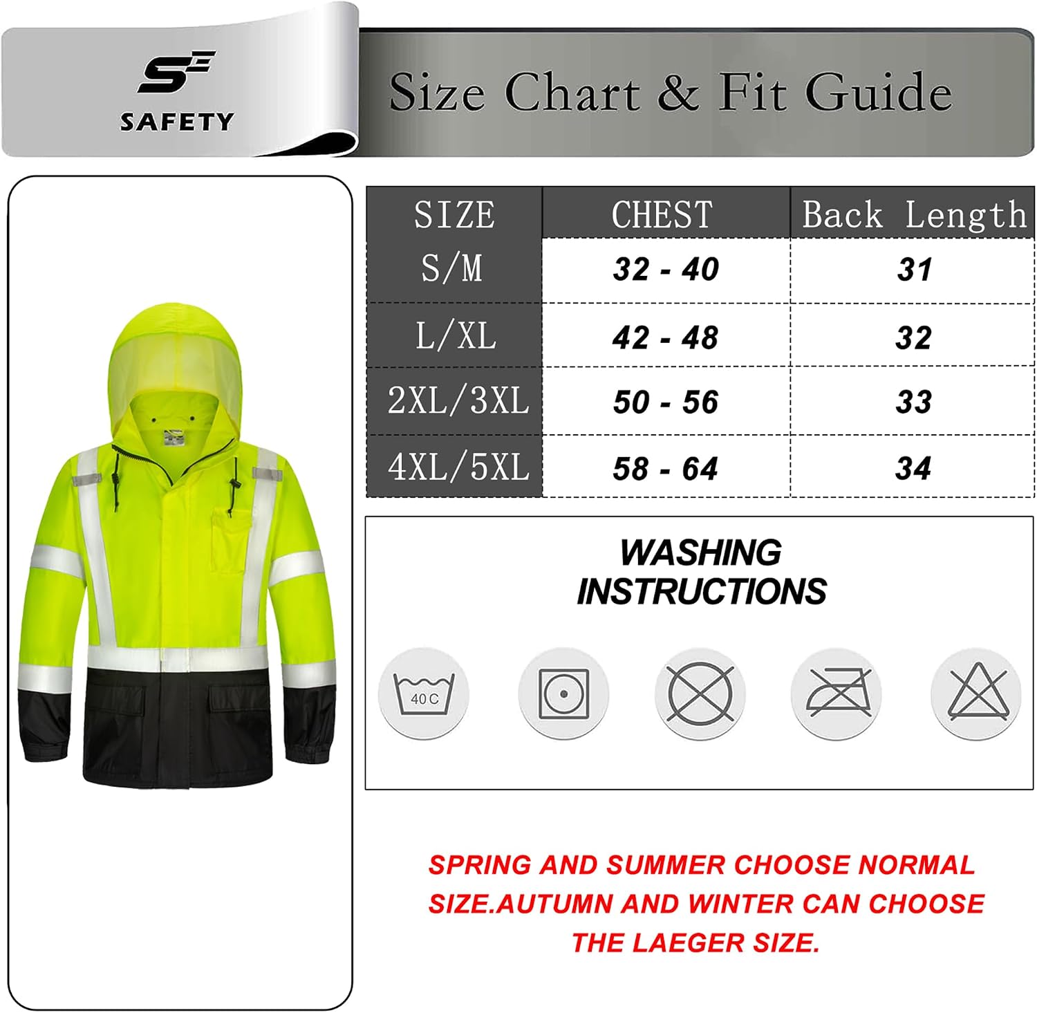 sesafety Hi Vis Rain Jacket, Rain Suits for Men Waterproof withBlack Bottom
