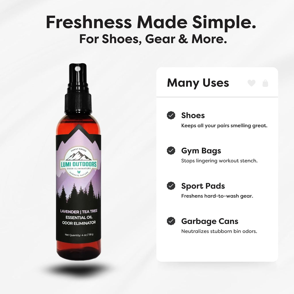 Lumi Outdoors Natural Shoe Deodorizer Spray & Odor Eliminator - Lavender Tea Tree Essential Oil Odor Eater