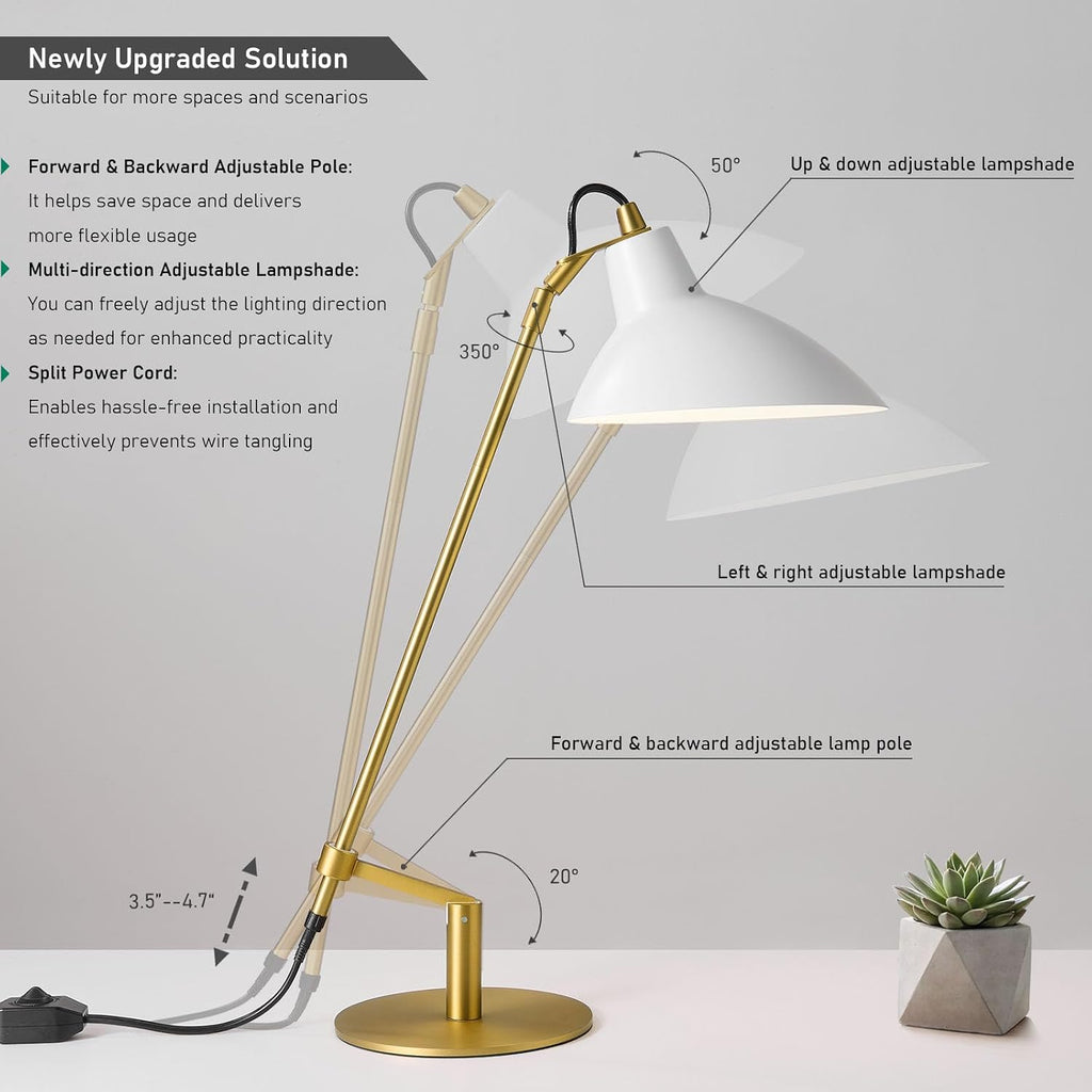 Desk Lamp Modern Industrial 100% Metal Adjustable Table Lamp 24", Natural Light (4000K) with Dimmer, Ideal for Office Bedroom Study Room Living Room Nightstand Bedside Lamps White+Brass