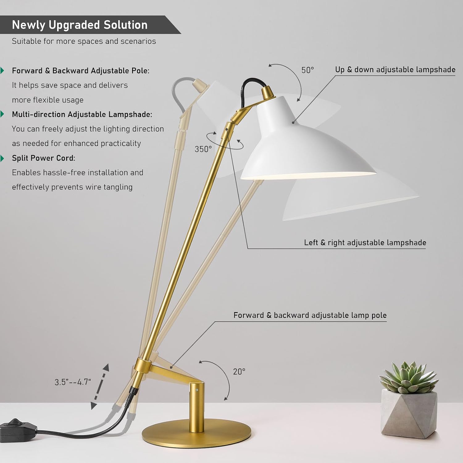 Desk Lamp Modern Industrial 100% Metal Adjustable Table Lamp 24", Natural Light (4000K) with Dimmer, Ideal for Office Bedroom Study Room Living Room Nightstand Bedside Lamps White+Brass