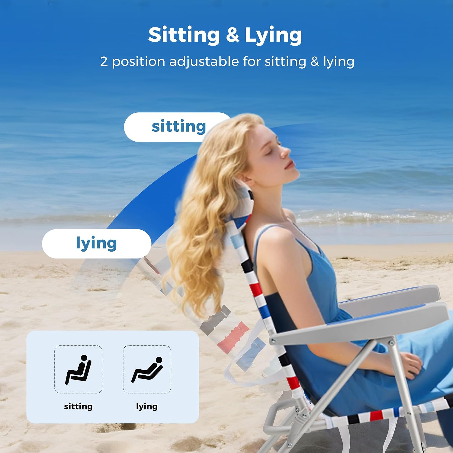 SUNNYFEEL Portable Beach Chair, Folding Low Back Beach Chair, Lightweight Camp Chair with Reclining Position, Backpack Lounger for Beach, Camping, Lawn, Outdoor, Red Blue White Striped, 2 Pack