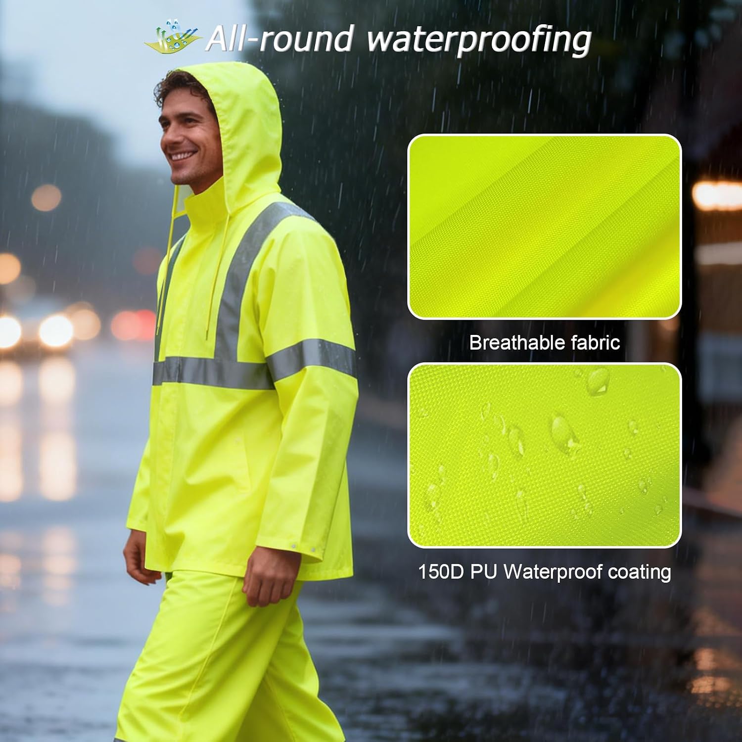 Reflective Rain Pants, Safety Work Rain Gear, Yellow, S-M