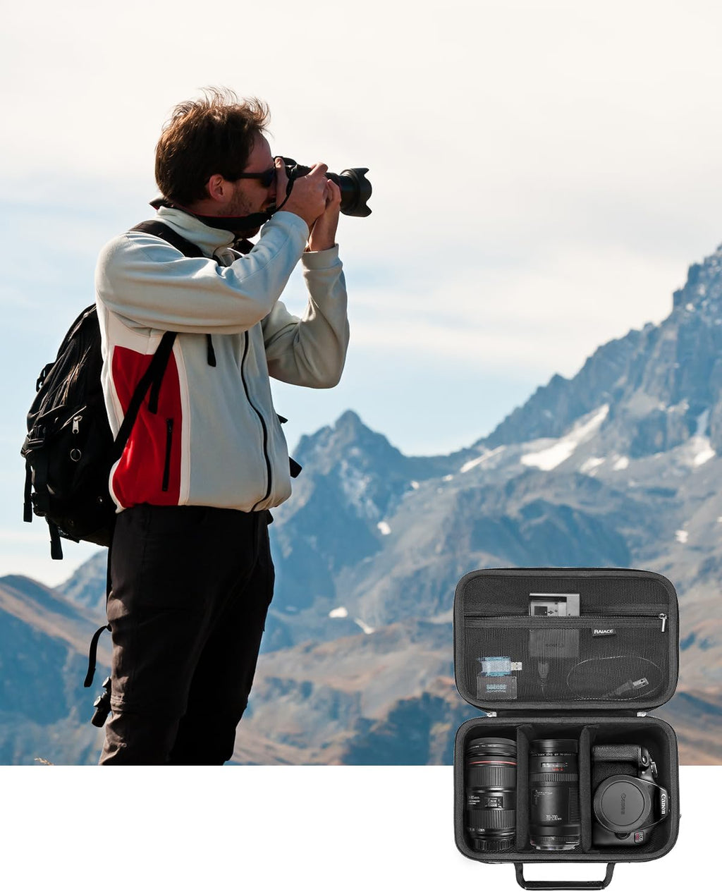 RAIACE Hard Carrying Case Compatible with Canon EOS Rebel T7/ T100/ T6/ R100/ R50/ R5/ R7/ R8, for Sony, for Nikon Camera. Large Capacity Camera Bag for Lens, Cables, Cards and Accessories. - Black