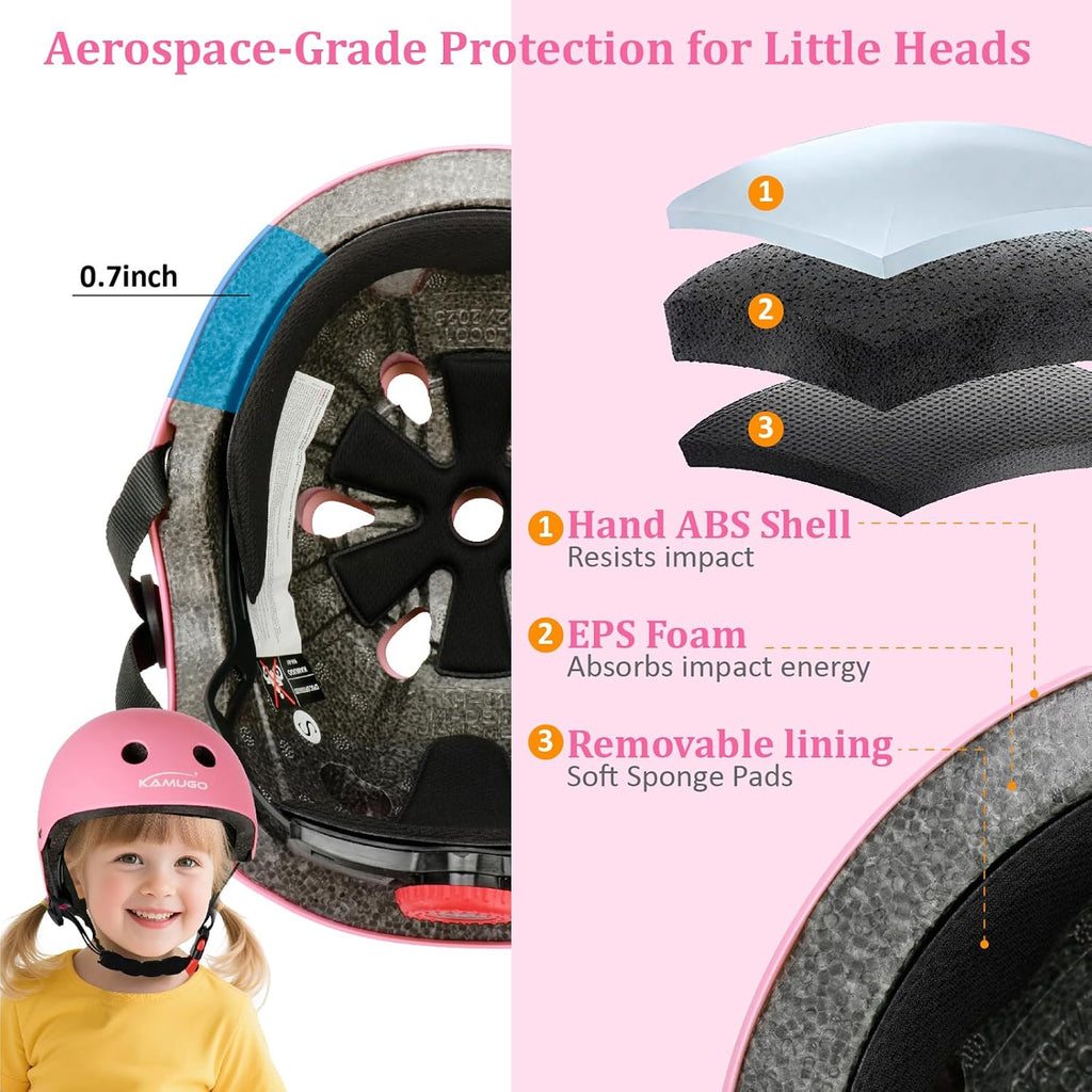 KAMUGO Kids Adjustable Helmet, with Sports Protective Gear Set Knee Elbow Wrist Pads for Toddler Age 2-8 Boys Girls, Bike Skateboard Hoverboard Scooter Rollerblading Helmet Set