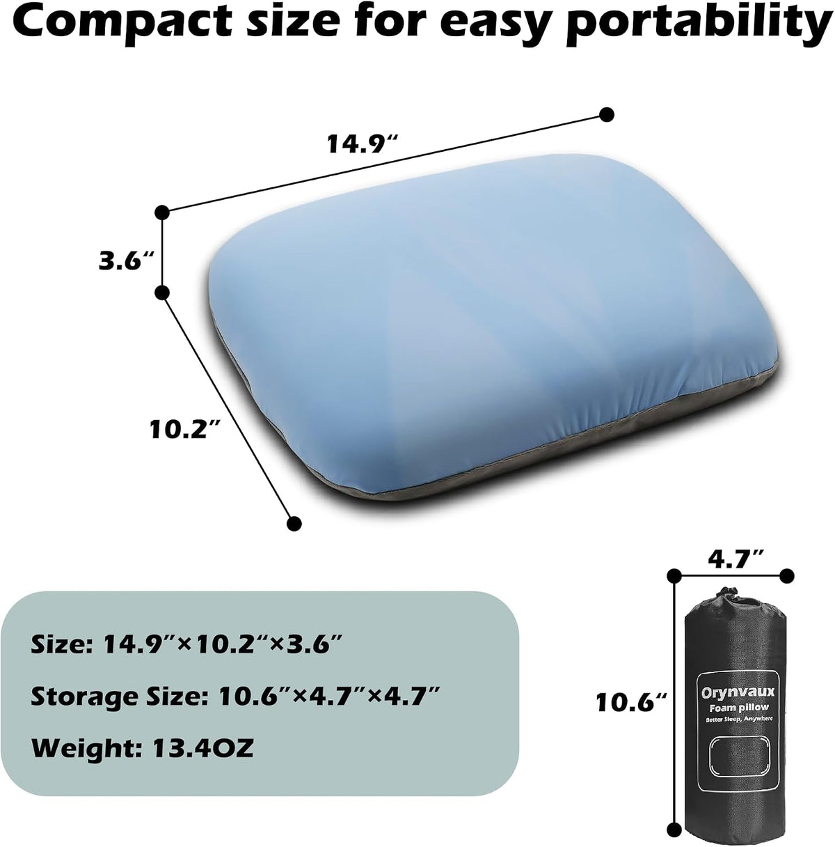 Small Travel Camping Pillow, Double-Sided Fabric Pillow with Adjustable Buckle Strap & Storage Bag, Compact Small Pillow for Airplane, Car Lumbar, Office, Washable Cover, Glacier Blue