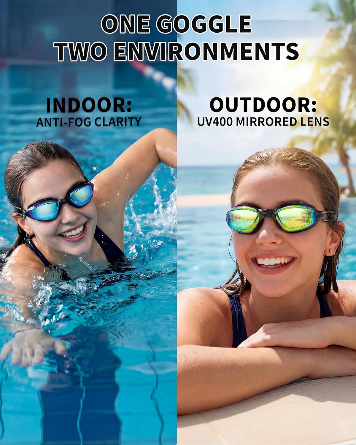 Aegend Swimming Goggles with Adjustable Bungee Strap, No Leak Anti-Fog UV Protection Mirrored Swim Goggles Adults (2 Pack)