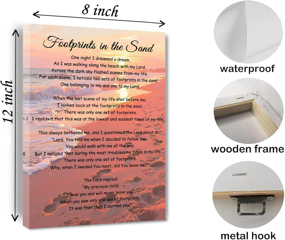 Footprints In The Sand Wall Art Religious Poem Poster Jesus Christian Print Retro Canvas Motivational Quotes Painting Pictures Home Decor Framed 8 * 12 Inch