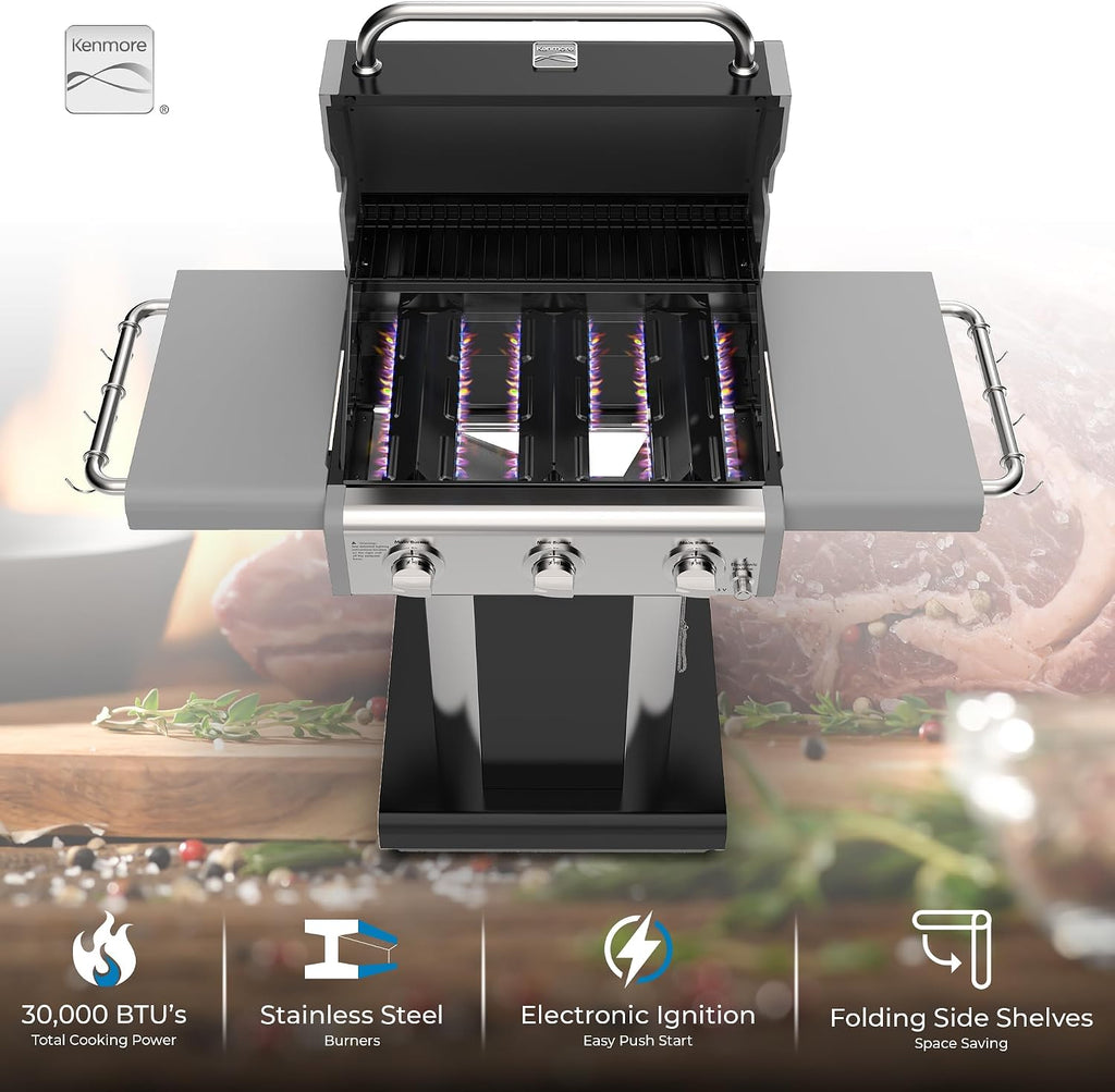 Kenmore 3-Burner Propane BBQ Grill, 30,000 BTUs Gas Grill with Cast Iron Cooking Grates, Folding Side Tables & Wheels, Outdoor Grill with Tool Hooks, Black