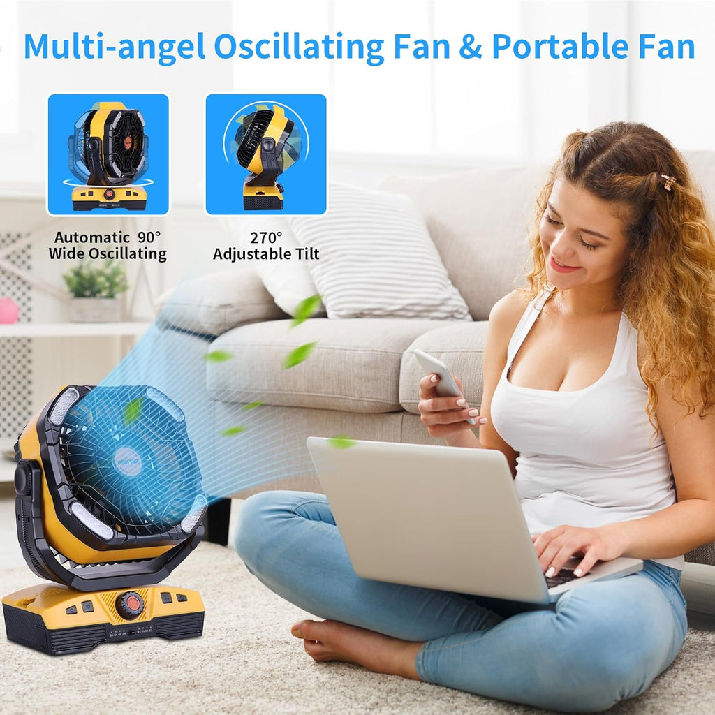 WESTTREE Camping Fan 20000mAh Rechargeable Battery Operated fan Outdoor Tent Fan with Light & Hook 270° Pivot, knob Speeds, Personal fan USB Desk Fan for Camping Power Outage Yellow X68