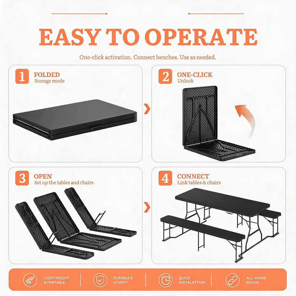 DWVO 6ft Picnic Table Set, Outdoor Folding Picnic Tables with Benches