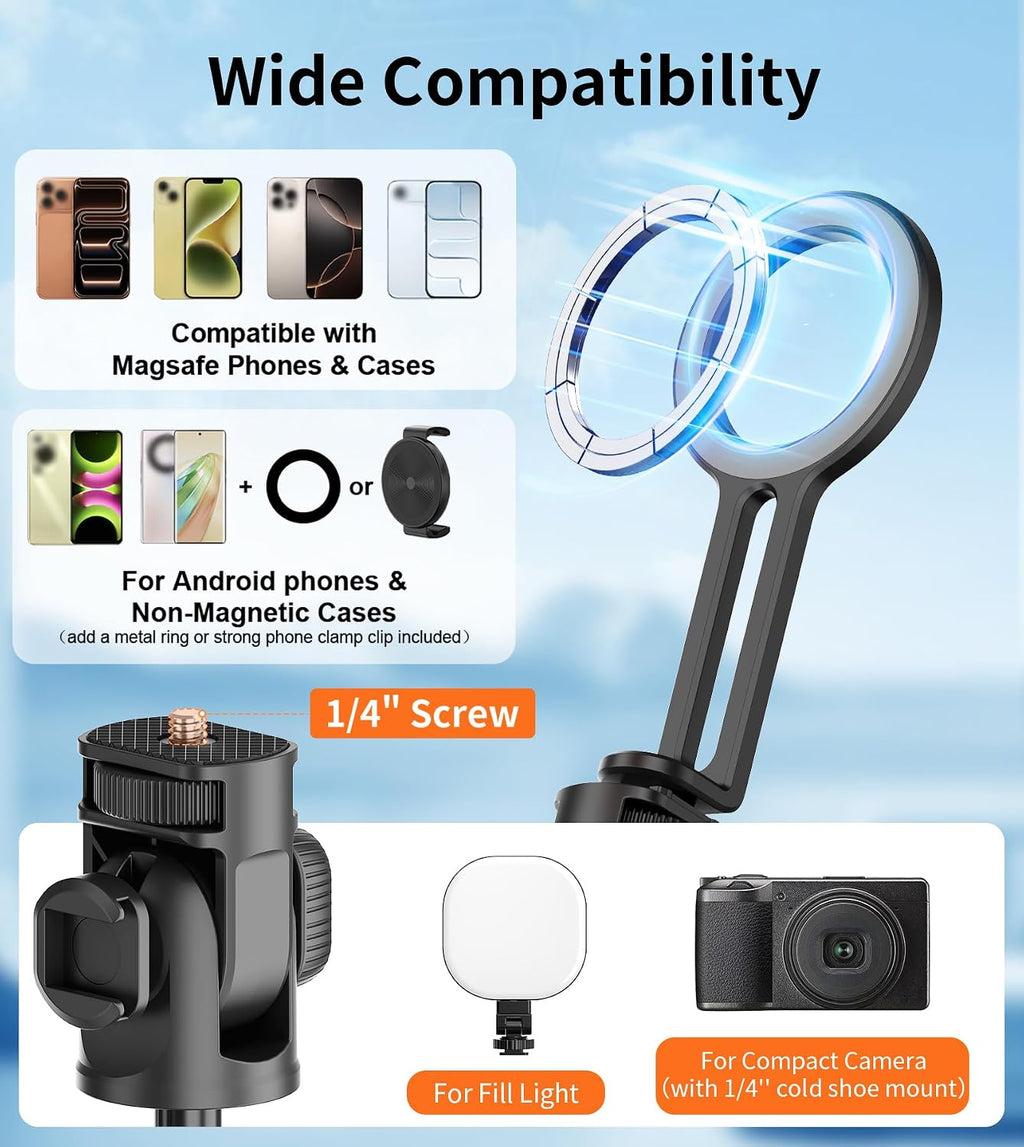 69" Magnetic Phone Tripod Stand Selfie Stick with Remote & Phone Mount
