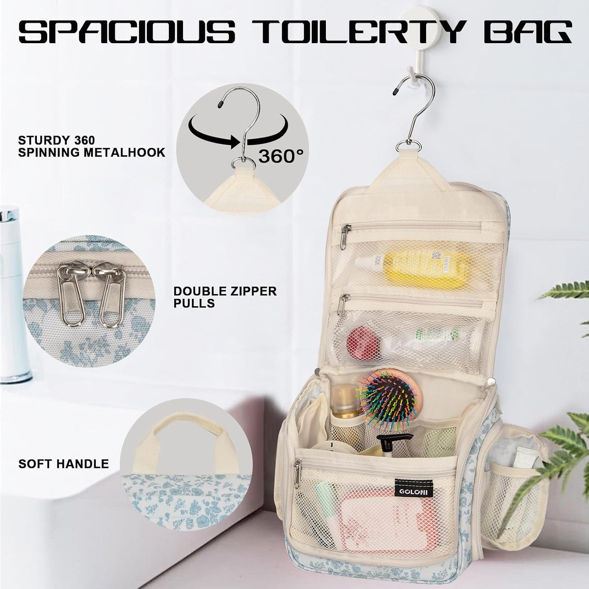 Goloni Hanging Toiletry Bag for Men Women, Water-Resistant Organizer