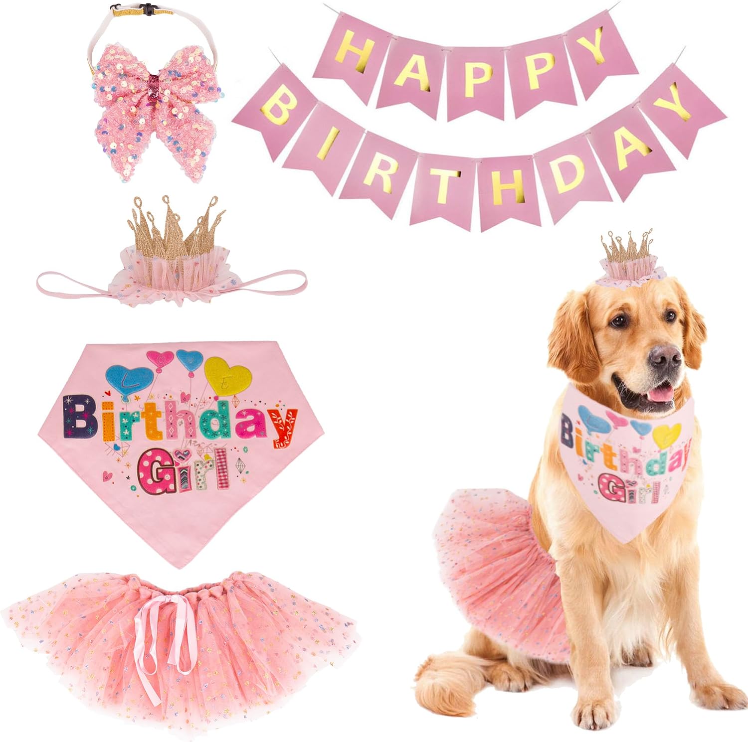 ADOGGYGO Girl Dog Birthday Hat, It's My Birthday Bandana Set, Pink, Small