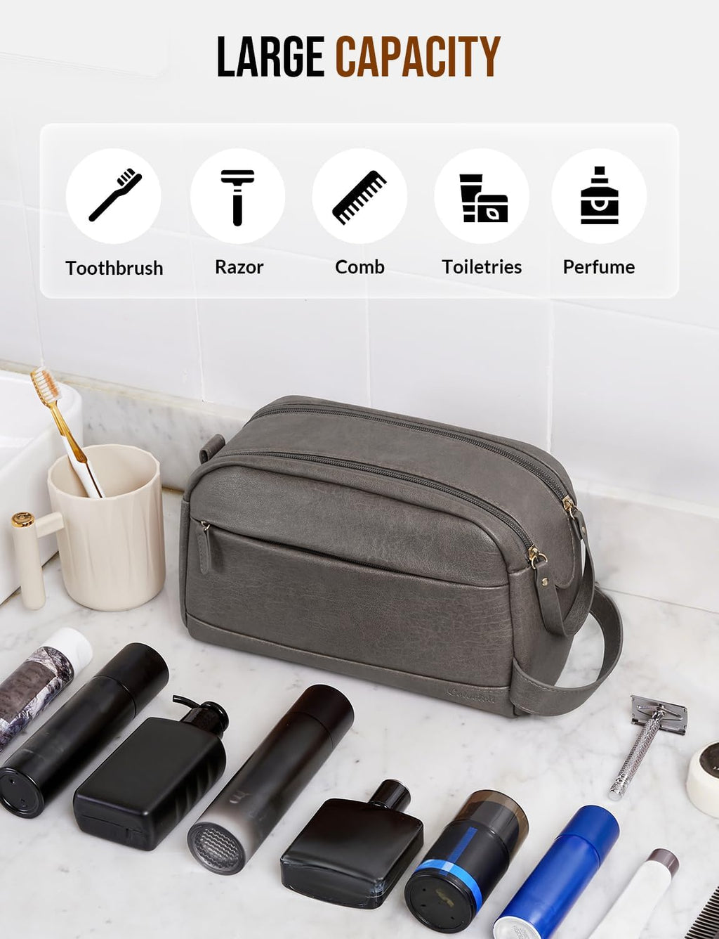 PU Leather Toiletry Bag for Men, Grey