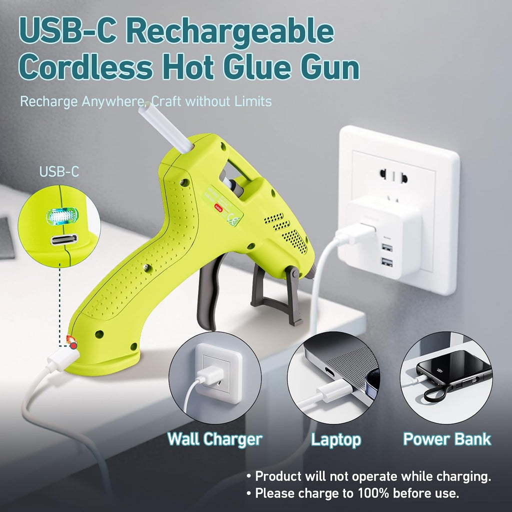 Cordless Hot Glue Gun, 20W Hot Glue Gun with 30PCS Premium Glue Sticks & 1m USB-C Cable, 2000mAh Built-in Battery Suitable for School Craft, Home Repair, DIY (Cordless) (Green)