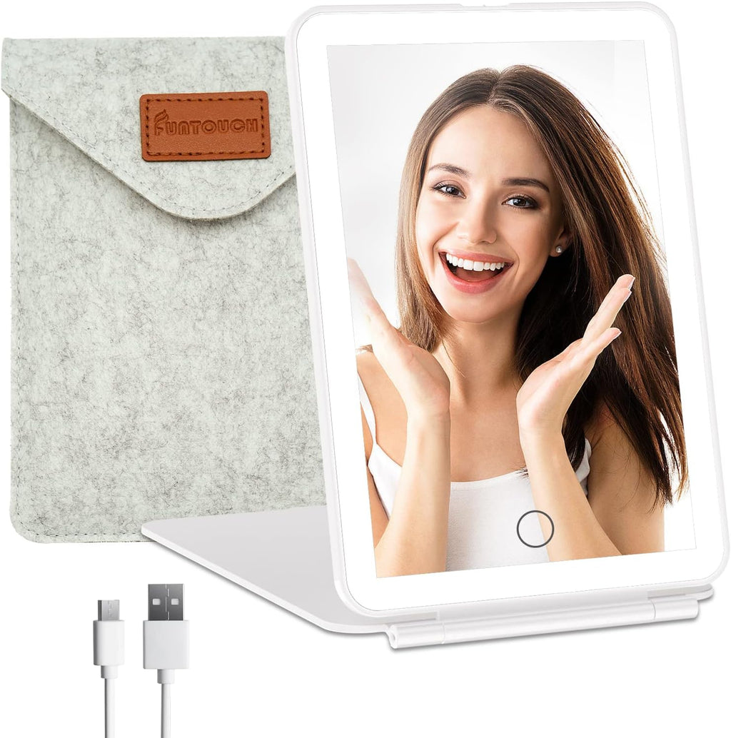 FUNTOUCH Rechargeable Travel Makeup Vanity Mirror with Lights Storage Bag