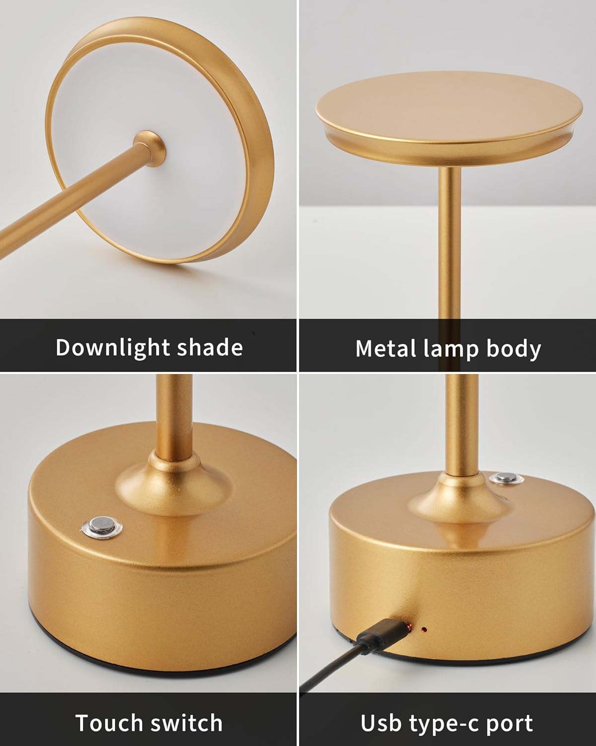 PUSU Rechargeable Table Lamps Set of 2, Gold Cordless Portable Desk Lamp