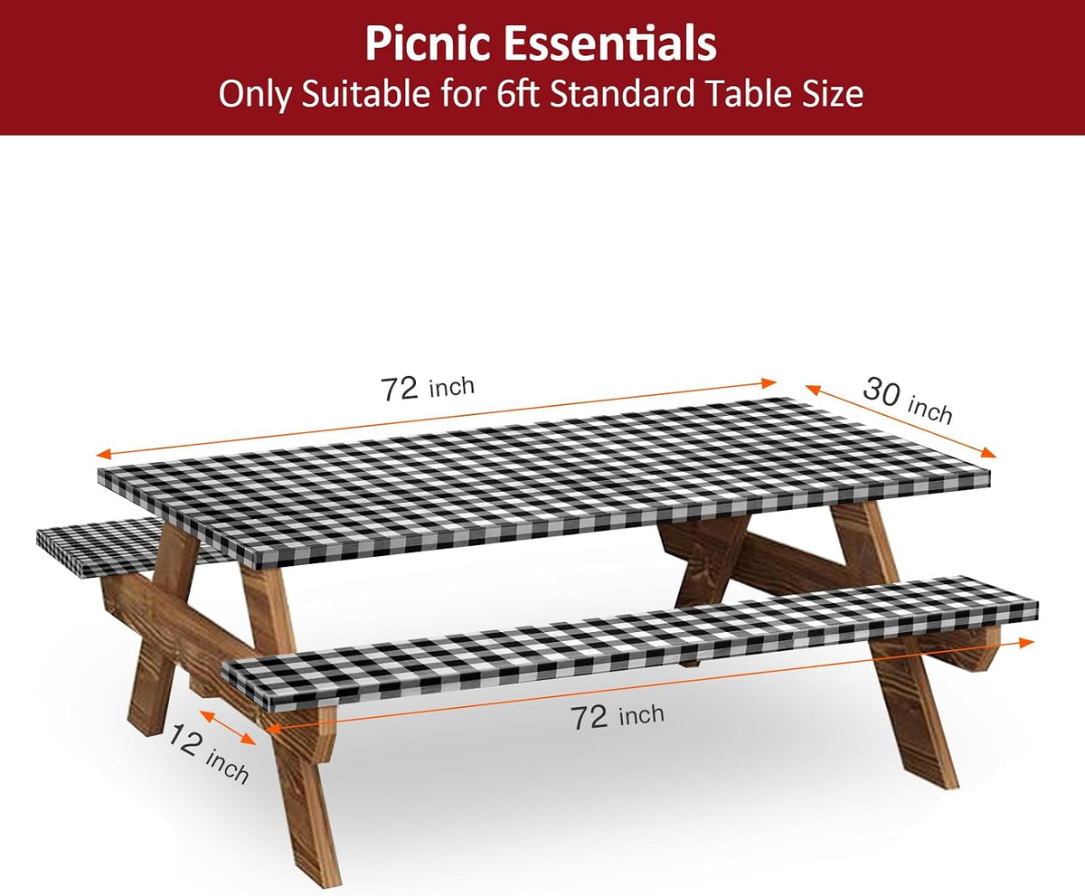 6ft 72" Picnic Table and Bench Cover, 3 Pack, Black-White Checkered