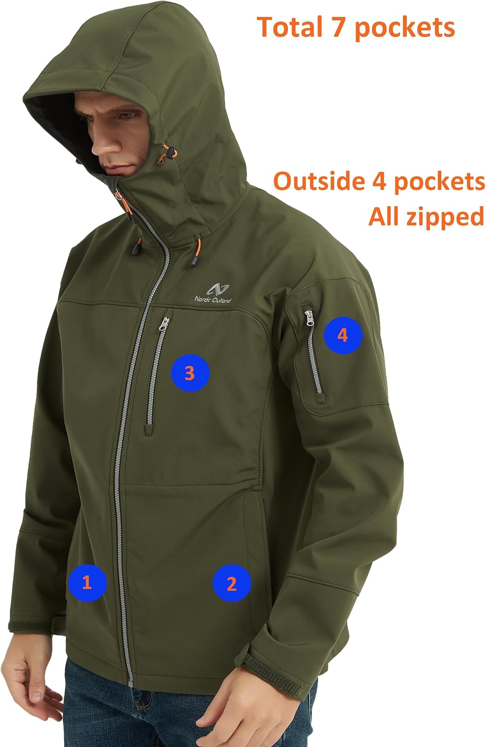 NORDIC OUTLAND Men's Waterproof Softshell Rain Jacket, Hooded Windbreaker 7 Pockets, Lightweight Shell for Outdoor Activities