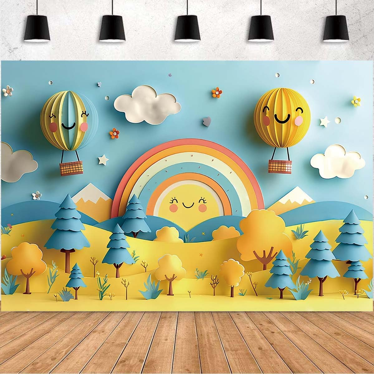 Hot Air Balloon Cloud Star Bear Travel Birthday Backdrop for Photography, Blue-02, 7x5feet, Vinyl Fabric, Baby Shower & Birthday Occasion