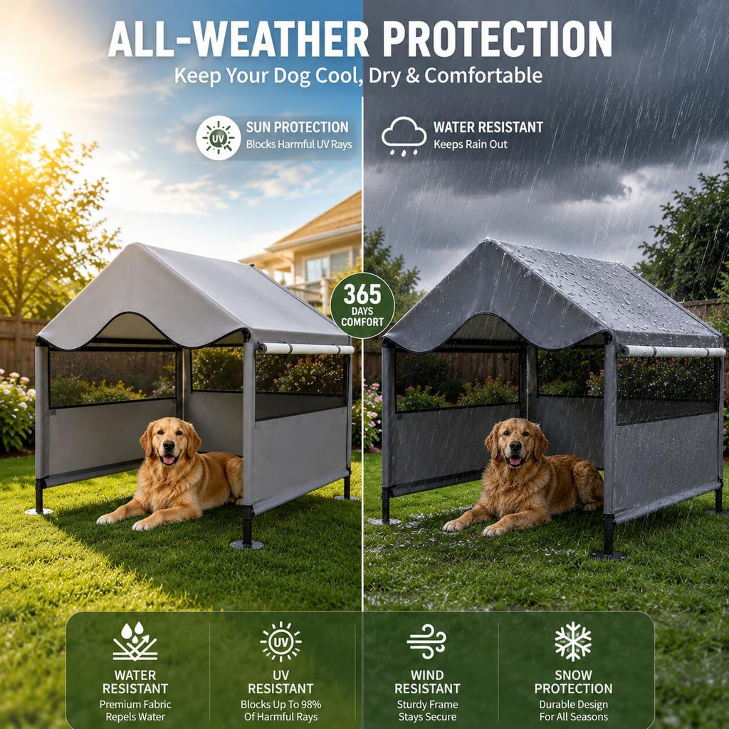 Extra Large Dog Shade Shelter Canopy with UV Protection, Big Dog House Outside, Outdoor Dog Tent with Three-Sided Breathable Mesh Windows, Gray Sun Rain Cover for Pet Sheep Goat 4'x 4'x 3.3'
