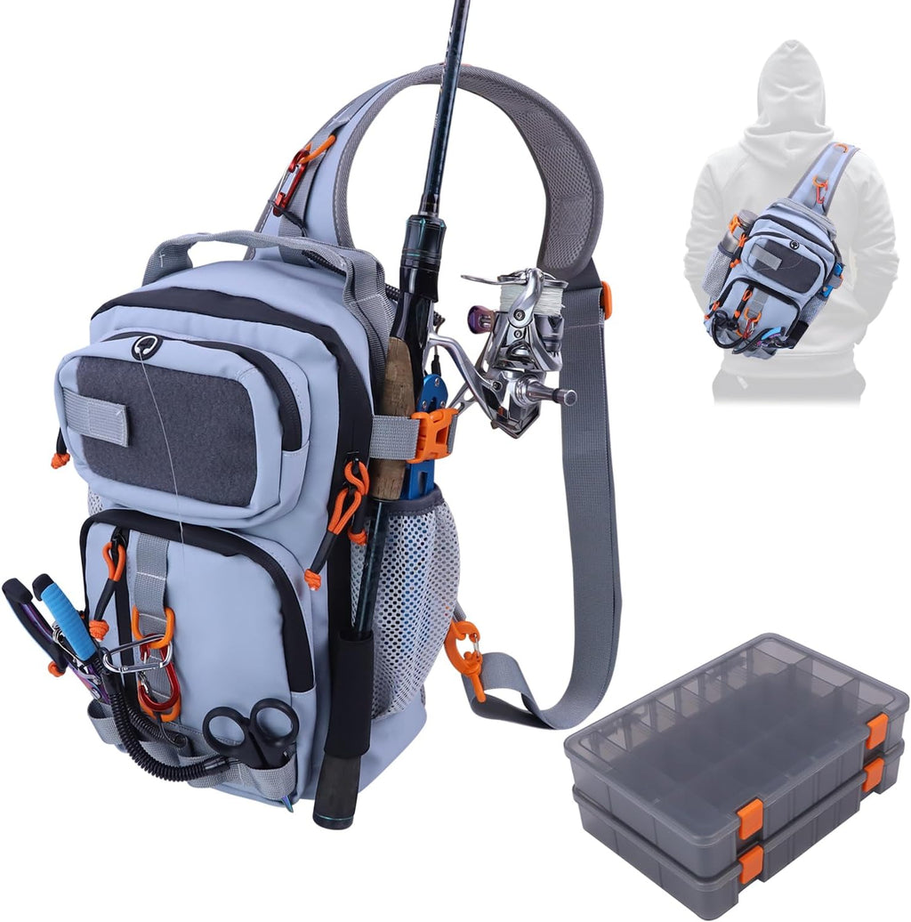 Fishing Backpack Tackle Storage Bag with 2 Tackle Boxes(Grey)