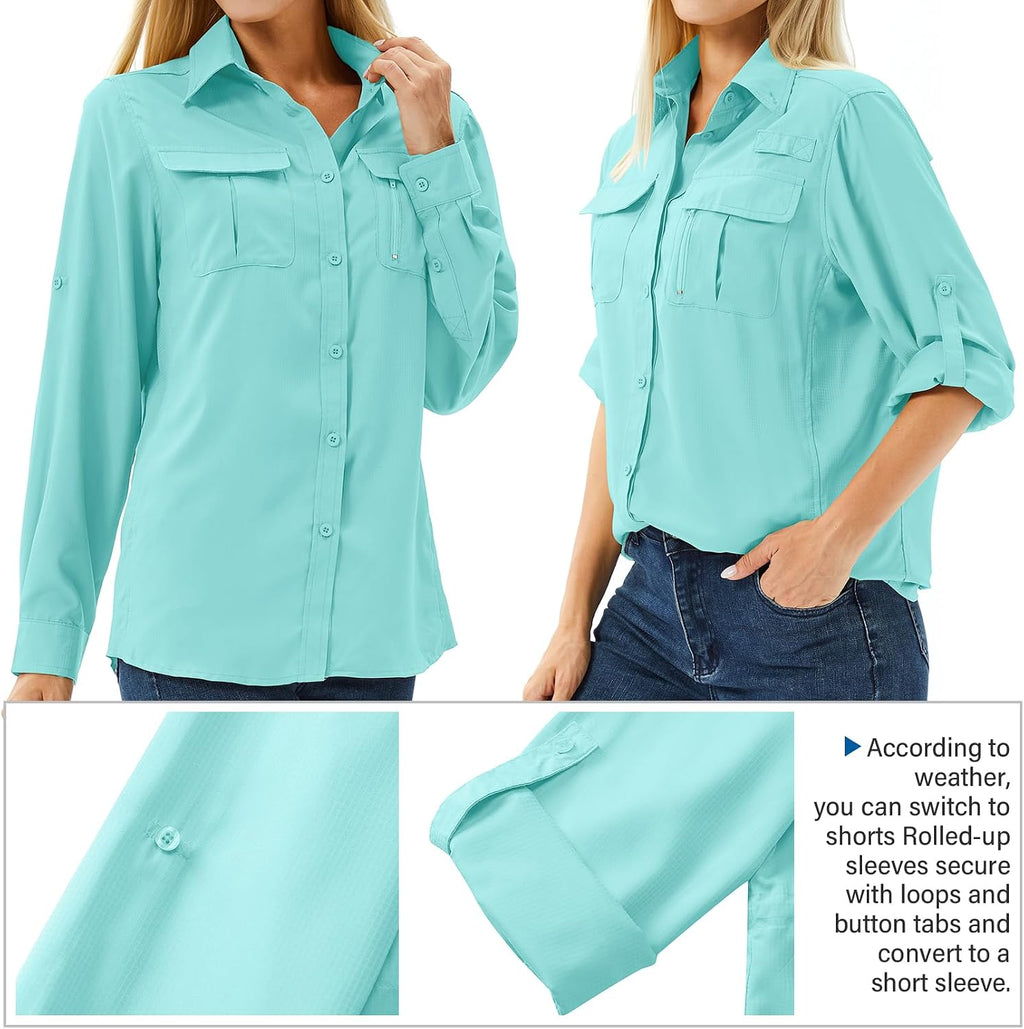 Women's UPF 50 Long Sleeve Sun Protection Safari Fish Hiking Shirts