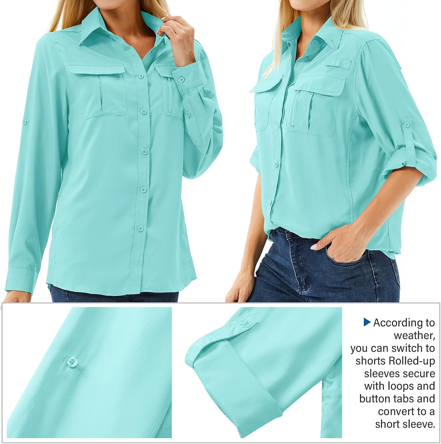 Women's UPF 50 Long Sleeve Sun Protection Safari Fish Hiking Shirts