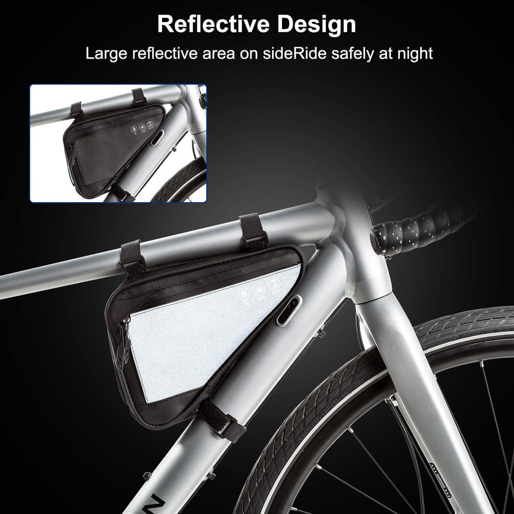 2L Bike Frame Storage Bag with Water Resistant Reflective, Bicycle Storage Pouch with 2 Side Pockets, Strap-On Under Seat Tool Accessories Pouch for Mountain Road Bike, MTB
