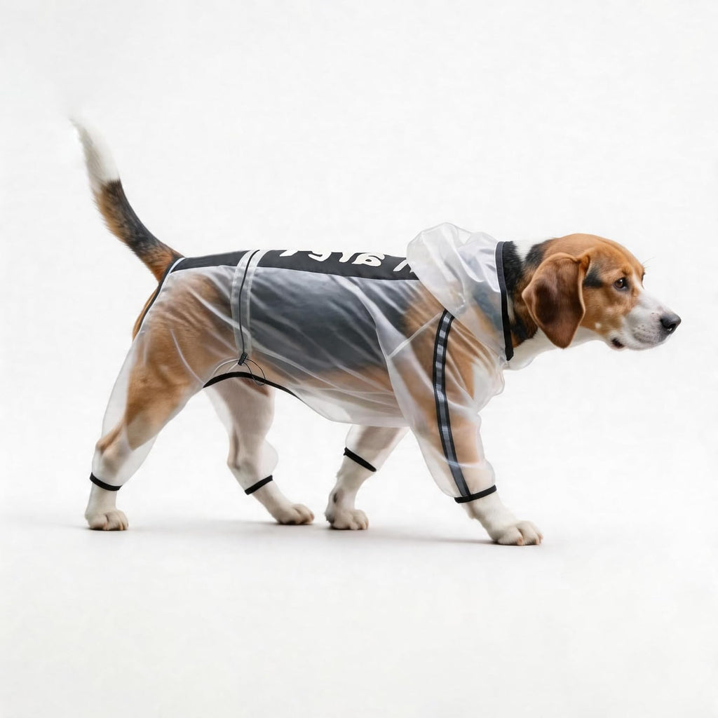 Olsa Dog Raincoat, Dog Hooded Slicker Poncho, 4 Legs Rain Jacket with Reflective Stripe, Transparent Water Proof Resistant Rain Snow Clothes for Small Medium Large