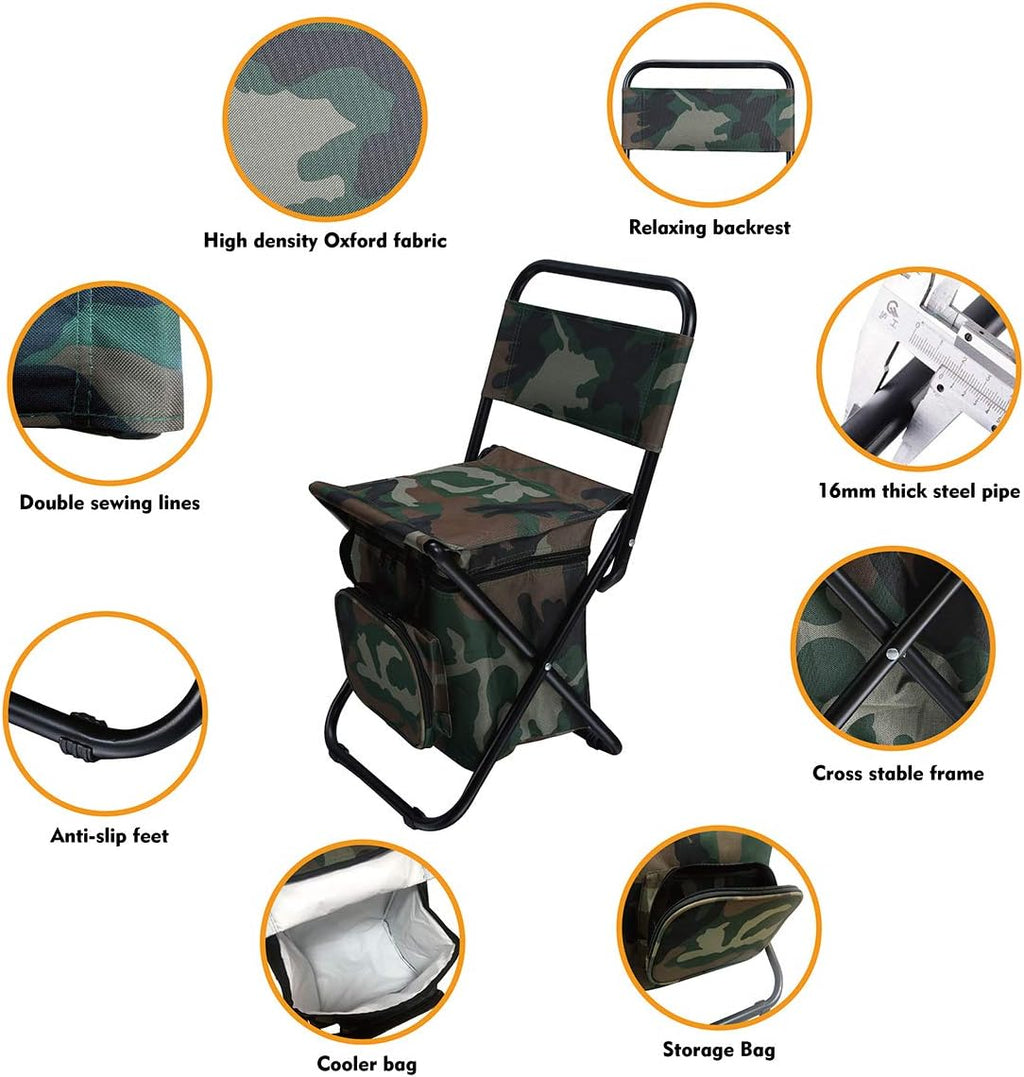 LEADALLWAY Fishing Chair with Cooler Bag Compact Fishing Stool Foldable Small Hunting Chair 12.2" Seat Depth,12.6" Seat Width